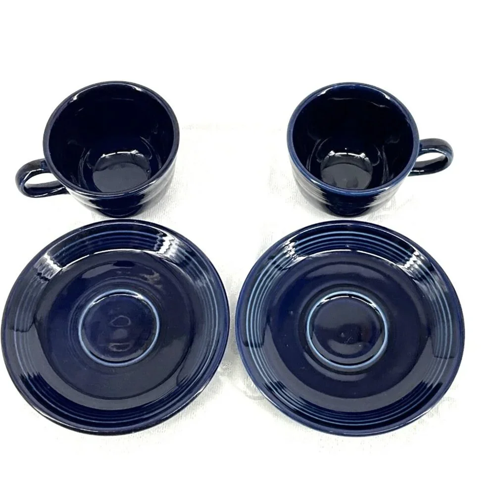 Fiesta Set Of 2 Cobalt Blue Ceramic Cups &‎ Saucers